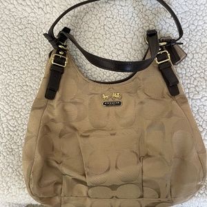 Coach Maggie Signature Shoulder Bag Tan Canvas Brown Leather Strap